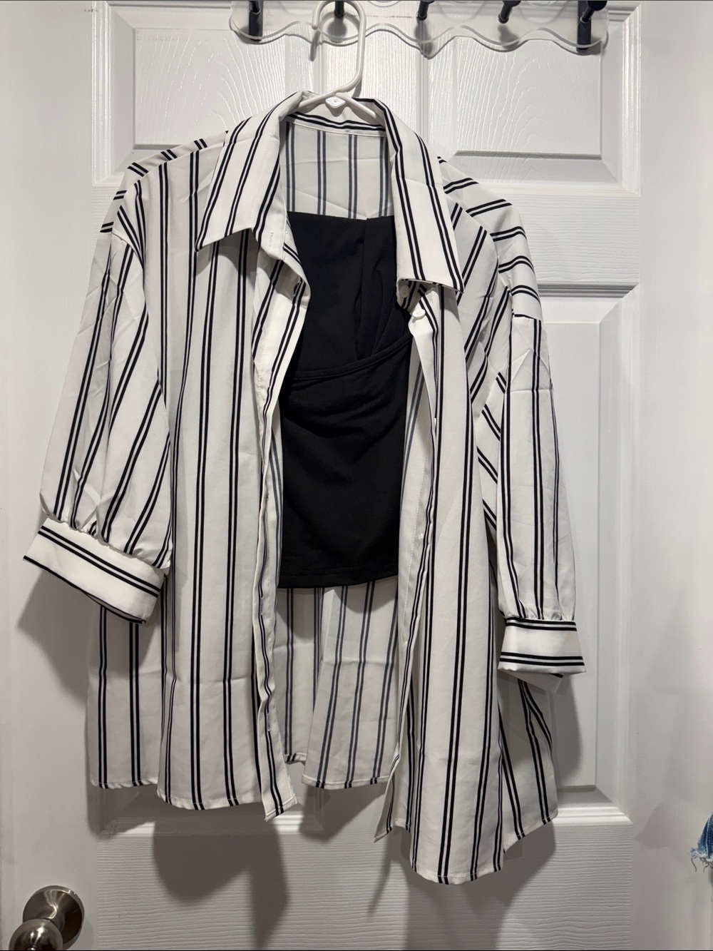 SHEIN Black & White Striped Button Down Shirt Set with cami and shorts